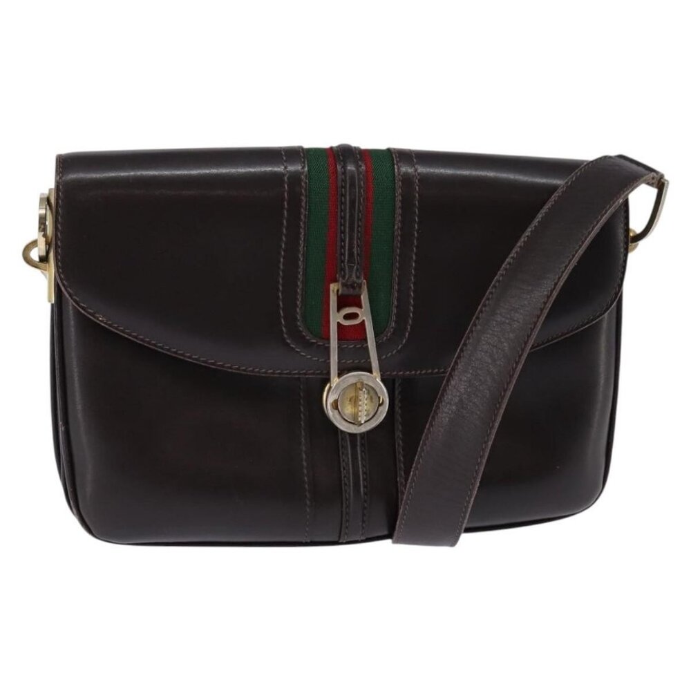 Authentic GUCCI Web Sherry Line Shoulder Bag Leather Dark Brown Gold Red